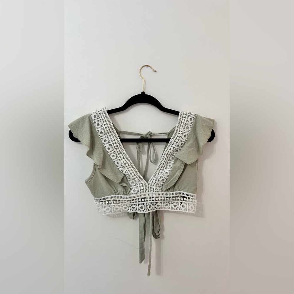 SHEIN Sage Green Ruffle Lace Crop Top